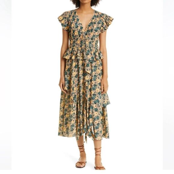 Ulla Johnson Avia Midi Dress in Begonia 100% Silk Floral Ruffle Size 4 - Picture 1 of 8